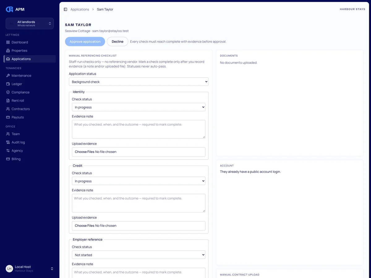 Application referencing checklist on the APM letting desk