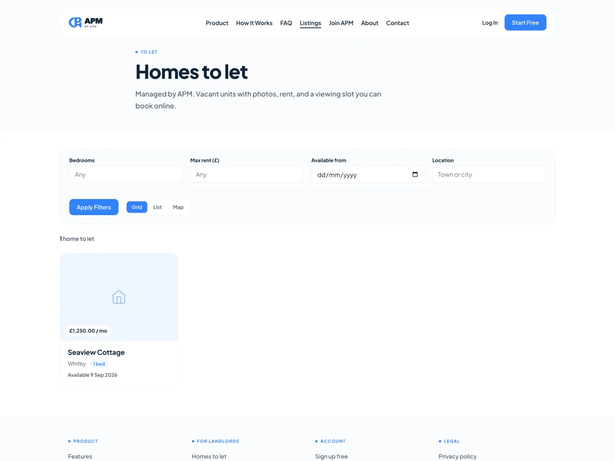 Homes to let directory on the APM public site